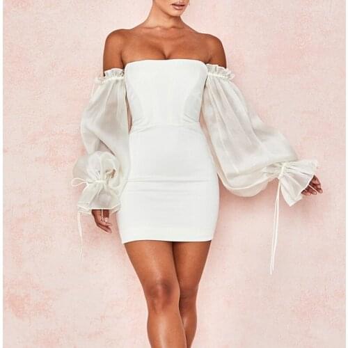 White Off shoulder Short Cocktail Dresses Sexy Bodycon Long Sleeves Puff-Sleeved 2020 Semi Formal Party Women Prom Robe Dress