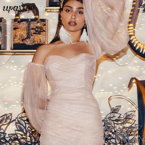 Free Shipping Sexy Draped Mesh Bandage Dress 2021 New Ladies Card Shoulder Lantern Long Sleeve Bodycon Halter Club Party Vestido