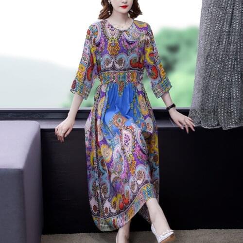 Summer Vintage Boho Floral Mulberry Silk Midi Dress 2021 Women Chiffon 4XL Plus Size Casual Dress Elegant Bodycon Party Vestidos