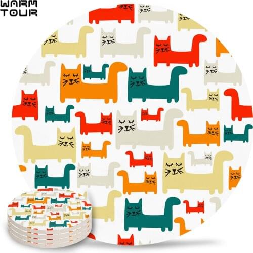 4/6/8 PCS Animal Cat Colored Fill Pattern White Background Placemat Ceramic Drink Coasters Table Decoration Absorbent Moisture