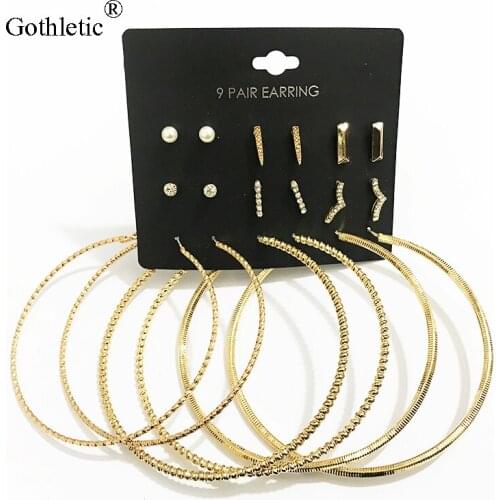 Gothletic 6/9 Pairs Multi Pack Hoop Earrings Set Mixed Rhinestone Crystal Simulated Pearl Earrings for Women Fashion Jewelry