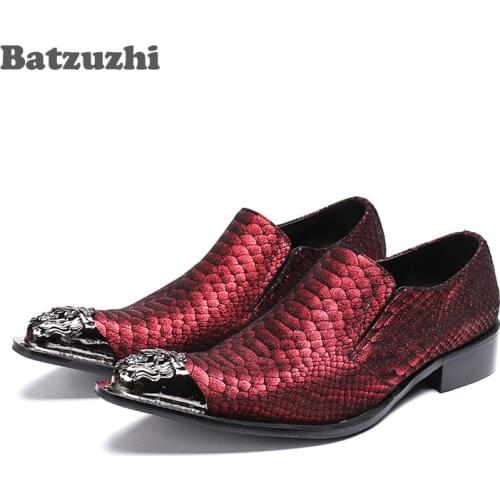 Batzuzhi Italy Brand New Men Leather Shoes Pointed Metal Toe Snakeskin Leather Red Men Wedding Dress Shoes Business and Party
