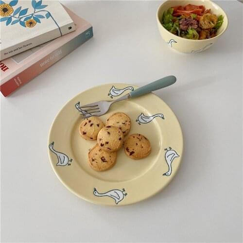 Ins Style Simple Hand Painted Cartoon Big White Goose Cream Yellow Ceramic Plate Personalized Creative Relief Bowl