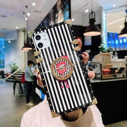 Bling Diamond Finger Stand Red Lip Square Case For Samsung A51 A71 A750 A91 A81 M10 A20 A30 A50 A70 M20 M30 A10s A20s M30s Cover