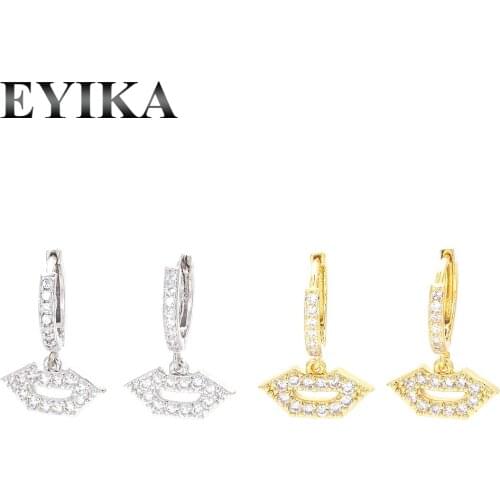 EYIKA High Quality Brass Jewelry Pave White Zircon Lips Shape Hoop Earring for Women Korean Style Mouth Aretes Gold Silver Color