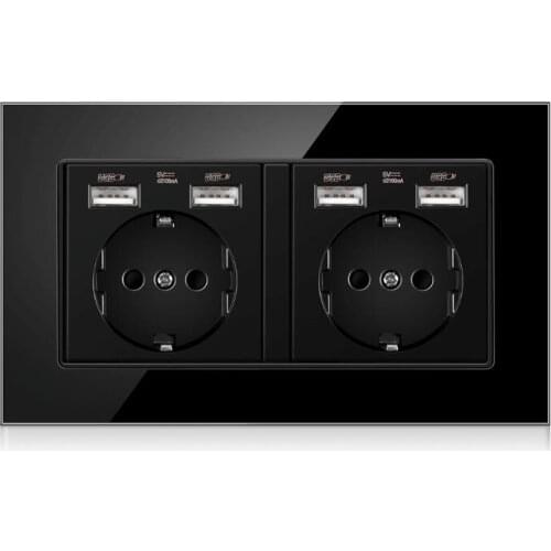 FRON 146*86 German Standard Crystal Tempered Glass Usb 5V 2100mA Enchufe Wall Power Socket Prise Outlet Sockets 250V 16A