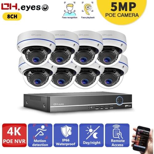 H.265 48V POE 4K 8MP 8CH AI Human Detection Face Record CCTV NVR Audio Record System 5MP 2592*1944P IP66 POE IP Camera Kit
