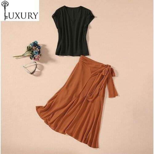Quality Designer Clothing High 2020 Summer Women V-Neck Tops +Belted Mid-Calf Length A-Line Brown Chiffon Skirt Sets Female