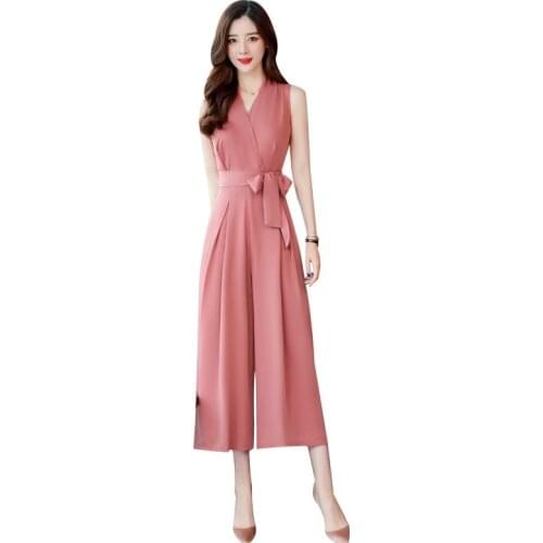 Summer women sexy deep v neck solid sleeveless jumpsuit Elegant sash wide leg high waist Jumpsuit