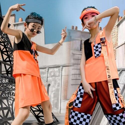 Boys Street Hip Hop Dance Costume Orange Vest Pants Rock Jazz Performance Wear Kids Catwalk Clothes Modern Rave Wear DNV14975