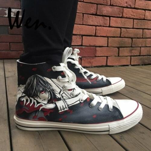 Wen Custom Hand Painted Skateboard Sneakers Anime Vampire Knight Kuran Kaname High Top Canvas Shoes for Boys Girls Gifts