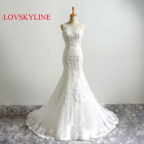 New real picture lace deep V-neck Beading Embroidery Fish tail wedding dress