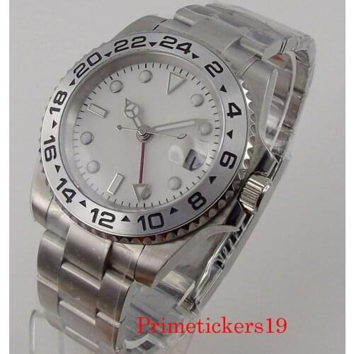 Sapphire Glass 40mm Automatic GMT Watch Men Sterile White Dial Date Rotating Bezel Oyster Bracelet Cearmic Bezel Insert
