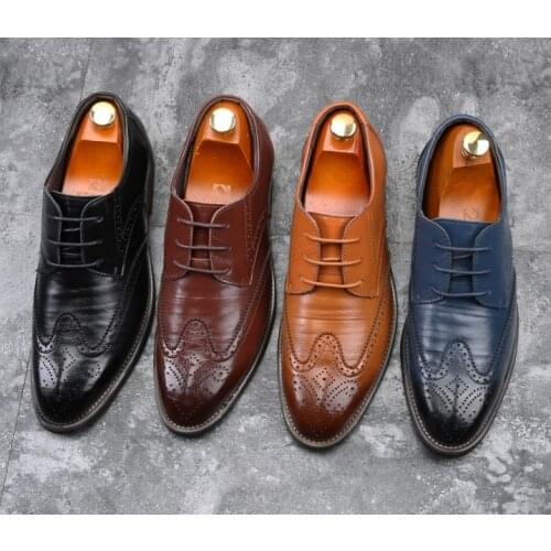 2019 New Men Oxford Genuine Leather Dress Shoes Brogue Lace Up Flats Male Casual Shoes Black Brown Size 38-48