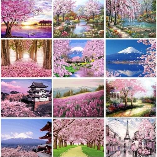 DIY Painting By Numbers Cherry Blossoms Landscape HandPainted Art Gift Scenery Canvas Drawing Home Decor 40x50cm Frame