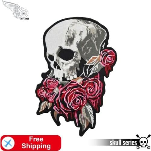 Rose Skull Embroidery Large Size Iron Patches for Cloth Appliques Motorcycle Biker Jacket Lady Rider Customized DIY Accessories