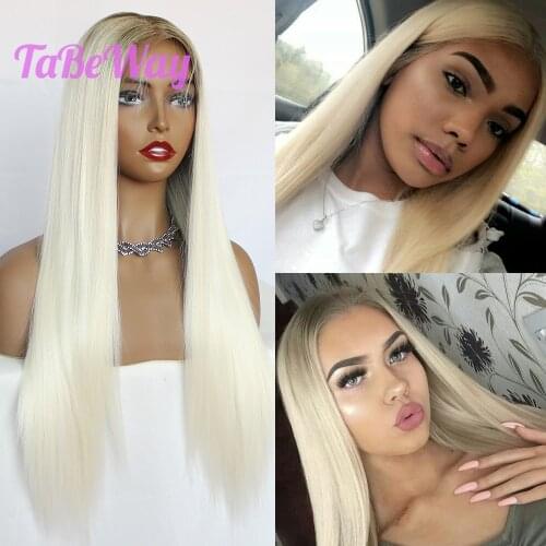 TaBeWay 13x6 Platinum Lace Front Wigs Straight Long Hair Glueless With Hairline Blonde Synthetic Lace Front Wigs For Black Women