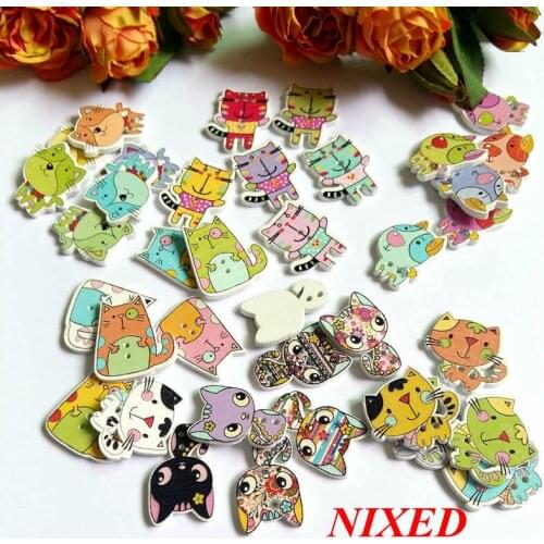 50pcs/lot Mixed Shape Lovely 2 Holes Wood Buttons Cartoon Style Painting Sewing Scrapbooking botones para manualidades