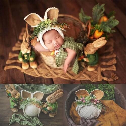 Newborn Photography Props Mori Straw Rabbit Matching Small Rabbit Green Forest Theme Hat Multi-color Full-moon Baby Big Ear Hat