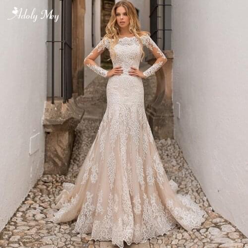 Adoly Mey Romantic Boat Neck Long Sleeve Mermaid Wedding Dresses 2020 Gorgeous Appliques Detachable Train Trumpet Bridal Dress