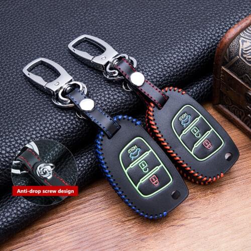 Hand sewing Luminous LeatherCar Remote Flip Key Fob Shell Cover Case For Hyundai Creta I10 I20 Tucson Elantra Santa Fe 2016 2017