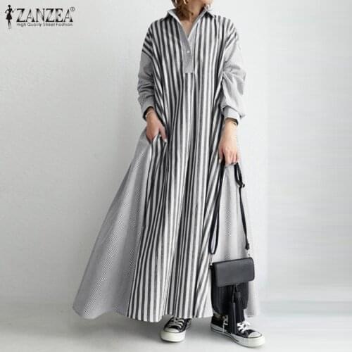 Fashion Maxi Dress ZANZEA Women Striped Patchwork Sundress Casual Autumn Long Sleeve Lapel Neck Long Shirt Vestidos Kaftan Robe
