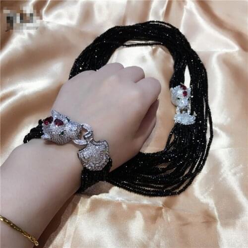 Womens Leopard head clasp DIY accessory black glass crystal necklace bracelet set welcome custom colors fashion jewelry