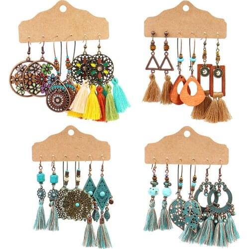 3Pairs/Set Bohemian Women Tassel Geometric Dangle Hook Earrings Vintage Wedding Party Jewelry Decor Accessory Gift 2020 New