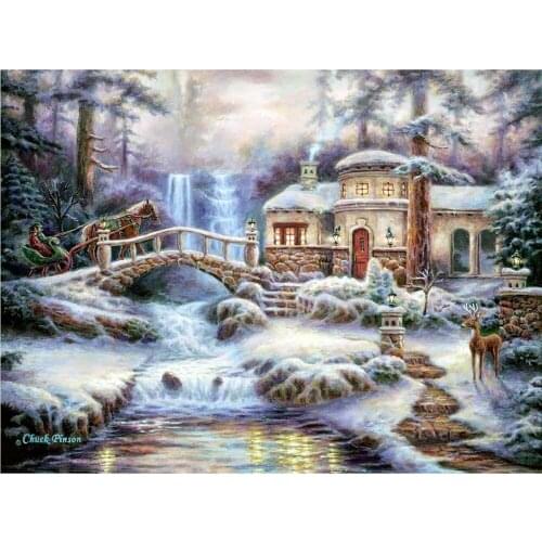 Diamond Painting 5D DIY Full Square/Round Drill "House and Snow River" Embroidery Cross Stitch Gift Home Decor Gift
