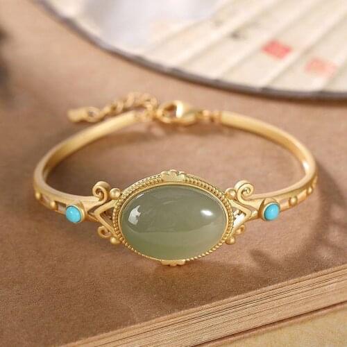 Natural Hetian Jade Gray Jade S925 Sterling Silver Bracelet Turquoise Vintage Court Style Opening Adjustable Ladies' Bracelet