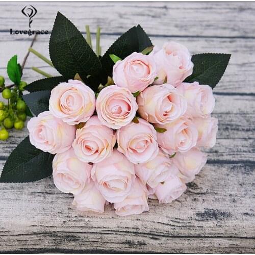 18 Heads Silk Artificial White Flowers Bouquet for Decorations DIY Bridal Flower Bouquet Mariage Rose Wedding Bouquets Lovegrace