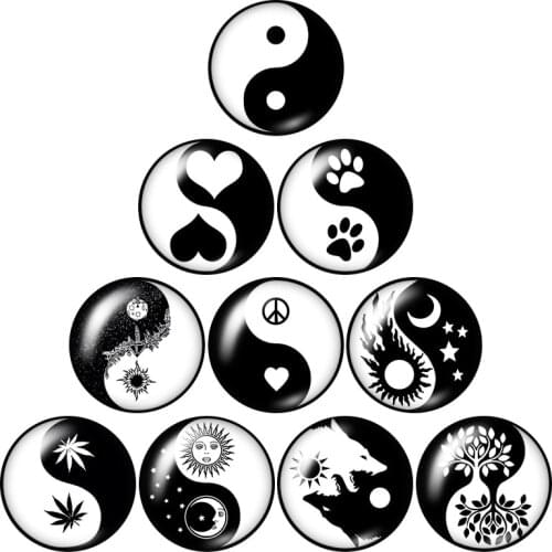 Black taijibagua pattern10pcs mixed 12mm/16mm/18mm/25mm Round photo glass cabochon demo flat back Making findings ZB0385