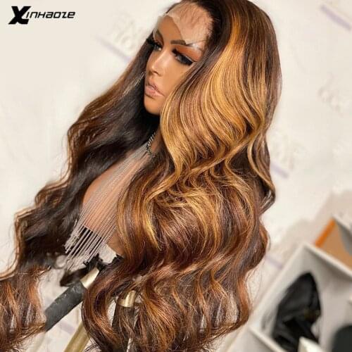 Colored Ombre Body Wave Brown Honey Blonde Highlight Lace Front Human Hair Wig For Women Natural Hairline Plucked Remy Brazilian