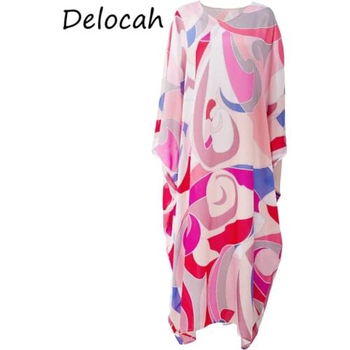 Delocah New 2021 Summer Women Fashion Runway Loose Long Dress Batwing Sleeve Geometric Print Robe Holiday Casual Dress Vestidos