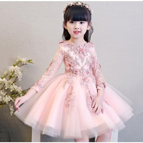 Glizt Flower Girls Pink Wedding Dresses Kids Long Sleeve Bead Appliques Lace Party Princess Birthday Dress First Communion Gown