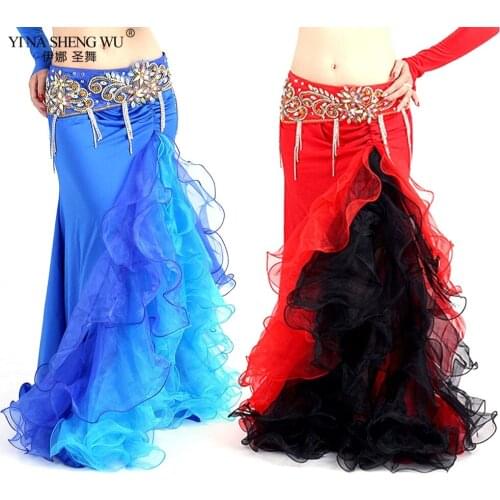 Bellydance Costume Colorful Side Split Skirt Dress With Double Color Bellydance Performace Long Ruffle Skirt Stage Clothing Wear