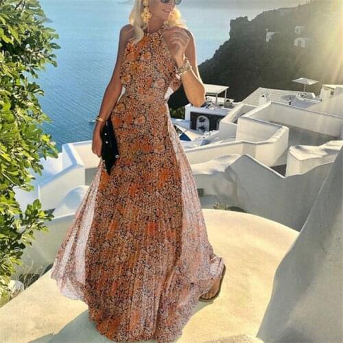 Floral printed bohomien long dress Summer casual high waist halter dress sukienka chic boho beach chiffon maxi dress robe plage