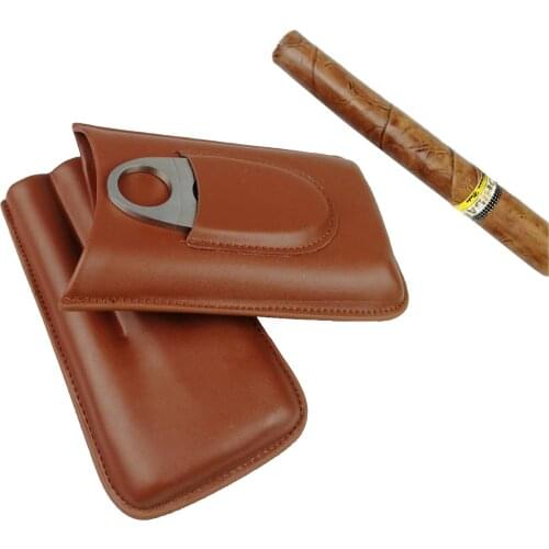 Travel Cattlehide Leather Cigar Holder Hold 3 Cigars Carrying Case Humidor w/ Stainless Steel Silver Cigar Cutter