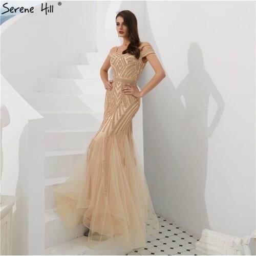 Dubai Gold Full Diamond Mermaid Prom Dresses 2020 Off Shouler Sexy Elegant Formal Evening Gowns Serene Hill CLA60807