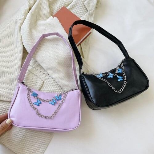 Elegant Womens Soft PU Leather Small Shoulder Bag Ladies Underarm Bags Butterfly Chain Bag Solid Color Mini Handbag And Purses