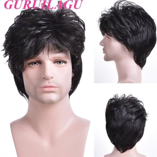 GURUILAGU Short Straight Wigs For Men Black Brown Color Wig Male Synthetic Hair Wig With Bangs Natural Male Wig Heat Resistant