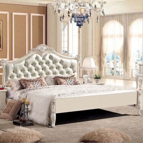 King size leather modern european solid wood bed 2 people Fashion Carved 1.8 m bed french bedroom furniture 10035