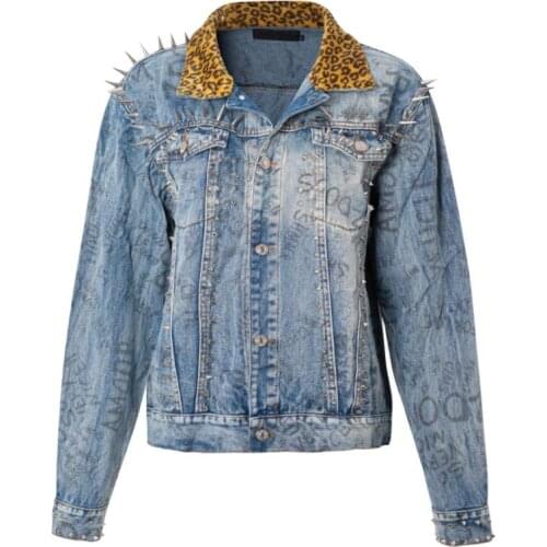 2021 spring autumn new leopard printing lapel punk style denim jacket female rivet short full sleeve jean jacket streetwear y942