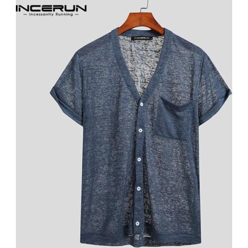 Summer Men Casual Shirt V Neck Button See Through Short Sleeve Camisas Hombre Pockets 2021 Streetwear Thin Shirts S-5XL INCERUN