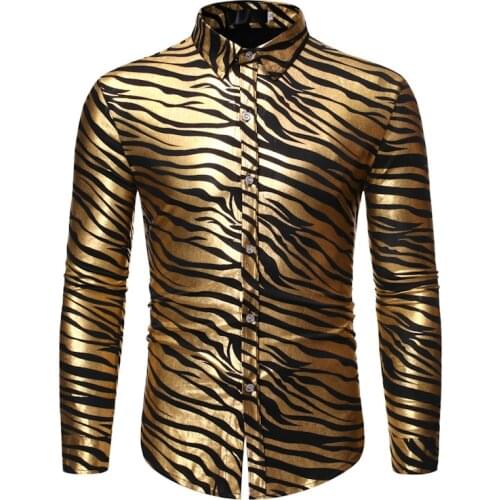 Mens Shiny Gold Zebra Striped Print Dress Shirts 2019 Brand Slim Fit Long Sleeve Men Shirt Party Wedding Tuxedo Shirt Men Camisa