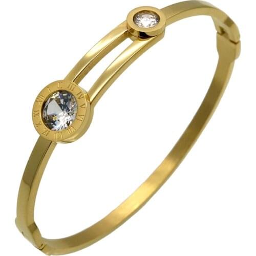 New Shiny Two Crystal Bracelet For Women Stainless Steel Gold Colour Roman Bracelets Luxurious Love Bangles Jewelry Pulseira