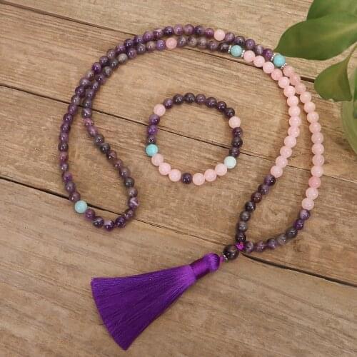 8mm Amethyst And Rose Quartz Beads Necklace Peaceful Heart Calming JaPaMala 108 Mala Jewelry Natural Beads Bracelet Women