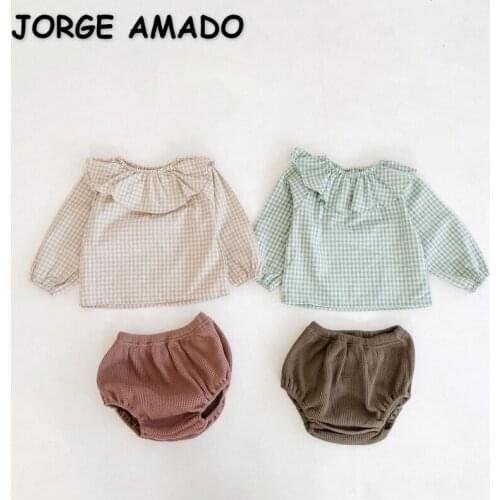 2021 New Summer Baby Girls 2-pcs Sets Plaid Long Sleeves Turn-down Collar Shirts + Pp Shorts Diaper Covers Kids Outfits E6094