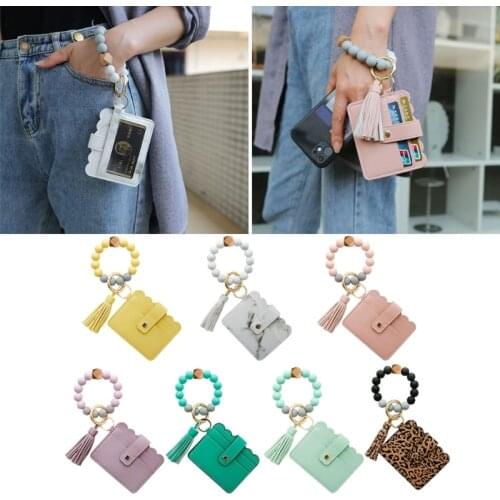 Wristlet Keychain Silicone Beaded Bracelet Leather Tassel Wallet Bangle