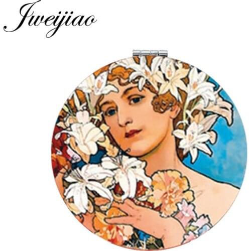 Youhaken Flower Lady Art Photo Printed PU Leather Makeup Mirror Folding Round Mini Pocket 1X/2X Magnifying Mirror Factory Price